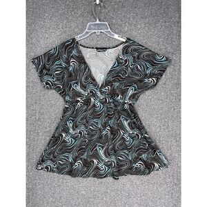 Y2K Sixteen Brand Tunic Top Teal Brown Abstract Women's M V-Neck Short Sleeve